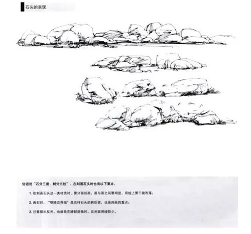 手繪石頭及其水景線稿的畫法