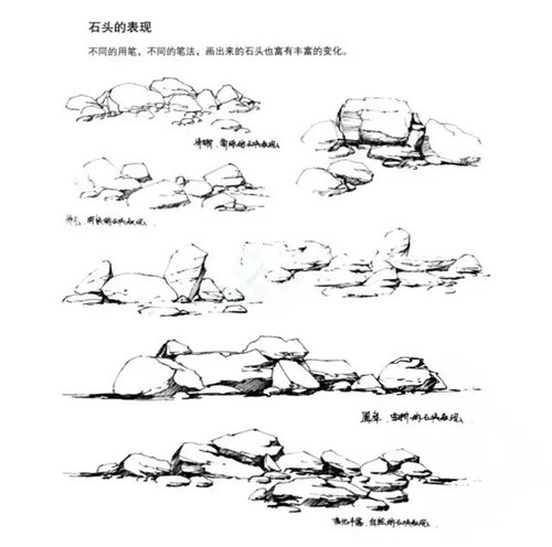手繪石頭及其水景線稿的畫法