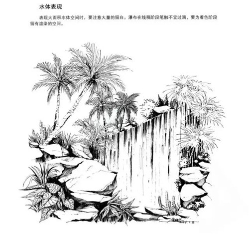 手繪石頭及其水景線稿的畫法